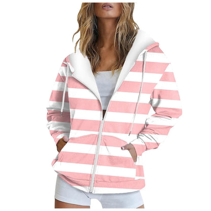 Classic Striped Zip-Up Hooded Sweatshirt with Relaxed Fit for Casual Everyday Streetwear