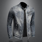 Vintage Wash Zip Front Denim Style Stand Collar Slim Fit Jacket