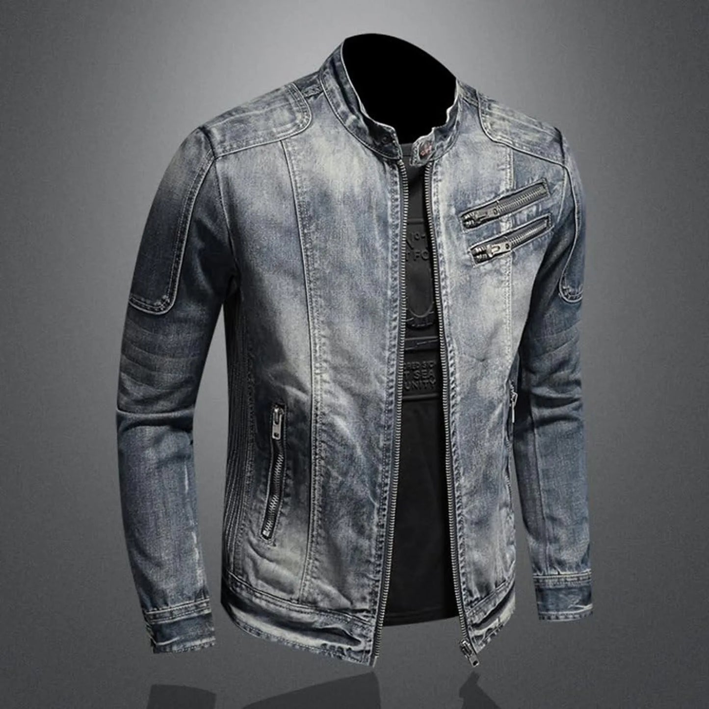 Vintage Wash Zip Front Denim Style Stand Collar Slim Fit Jacket