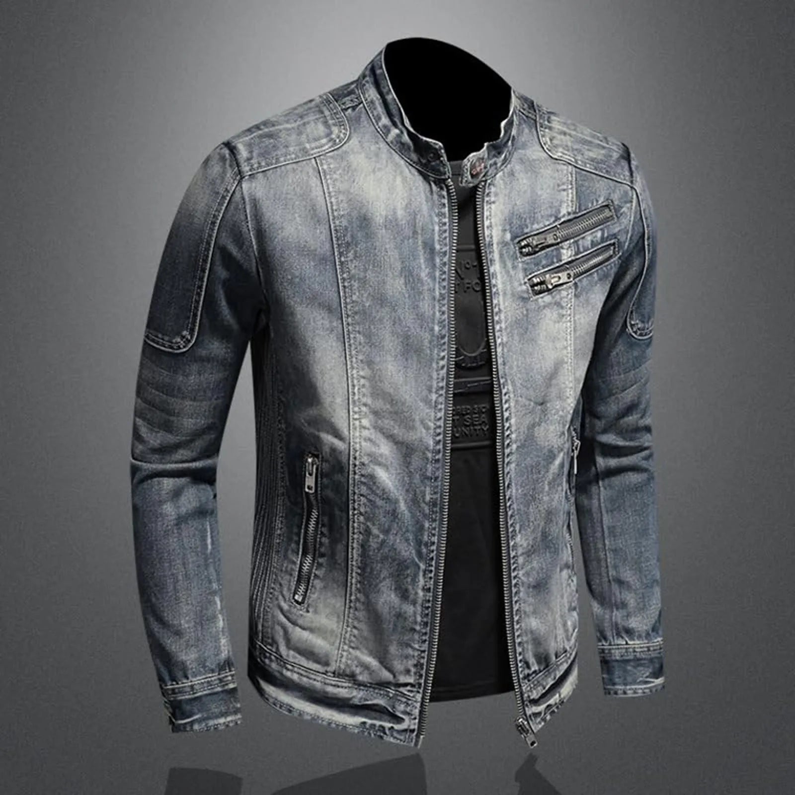 Vintage Wash Zip Front Denim Style Stand Collar Slim Fit Jacket