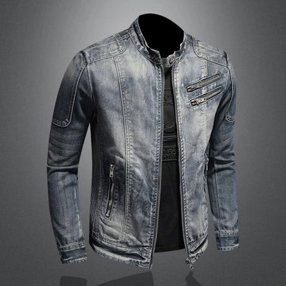 Vintage Wash Zip Front Denim Style Stand Collar Slim Fit Jacket