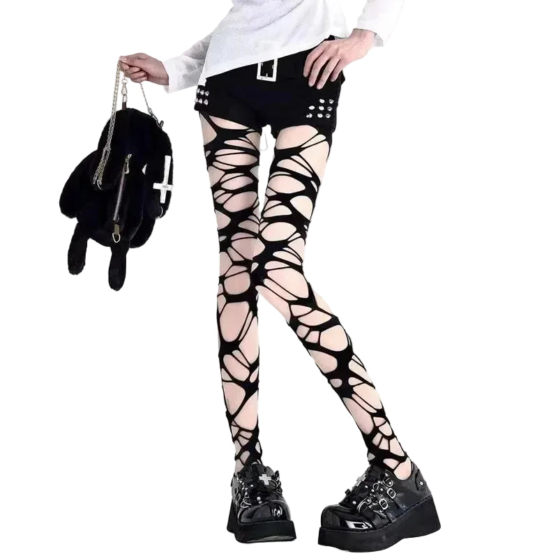 Distressed Cutout Fishnet Tights Gothic Punk Alternative Fashion Statement Hosiery
