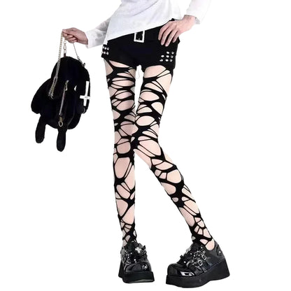 Distressed Cutout Fishnet Tights Gothic Punk Alternative Fashion Statement Hosiery