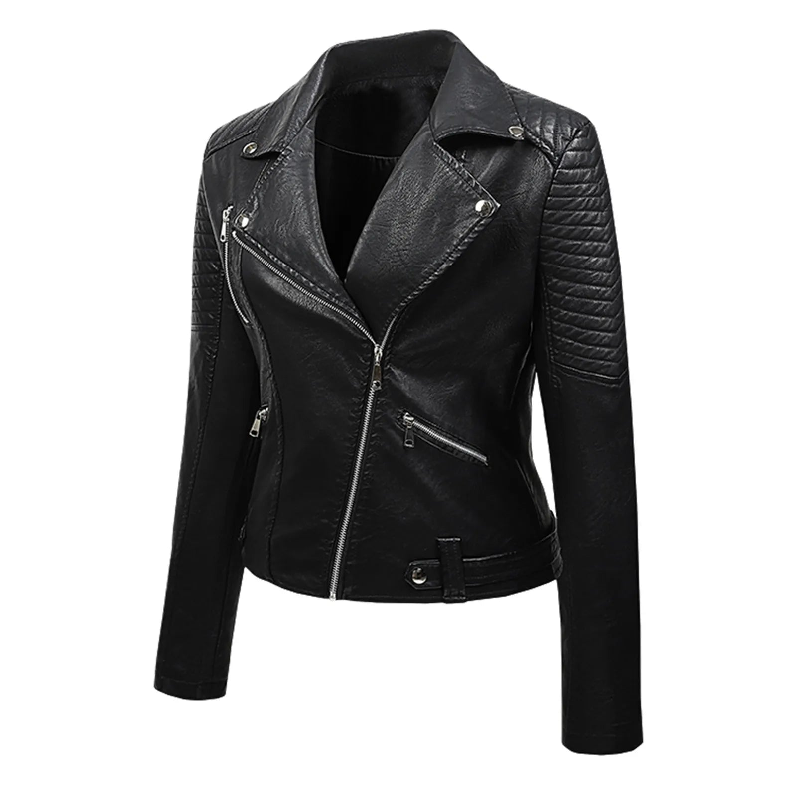Women's Cropped Faux Leather Moto Jacket with Zip Front Contemporary Streetwear Silhouette