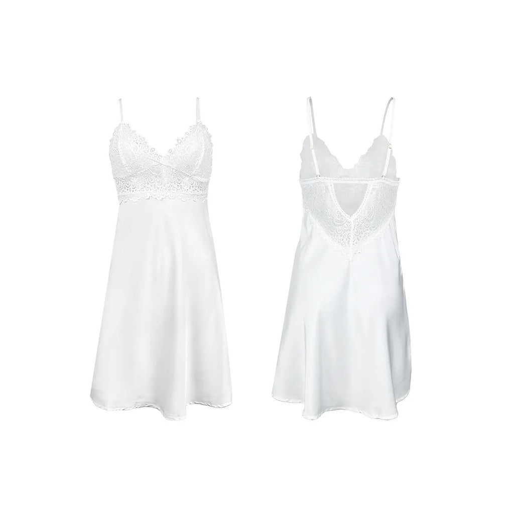 Pristine White Satin-Finish Chemise with Wide Sheer Floral Lace Bodice