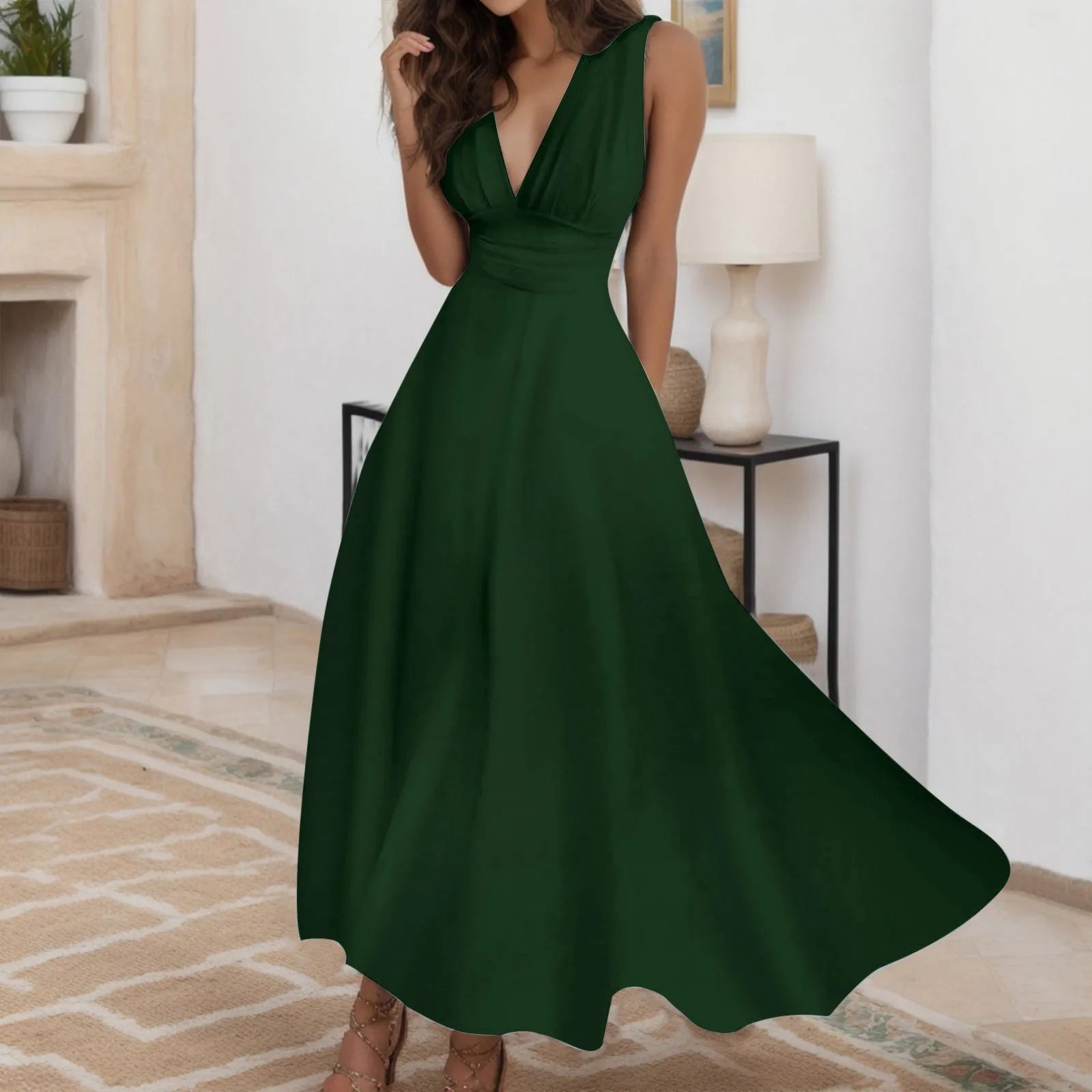 Deep V Neck Sleeveless Maxi Dress with Flowy A-Line Silhouette