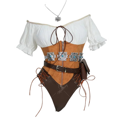 Women's Faux Leather Bodysuit Set with Waist Belt, Gloves and Utility Accessories