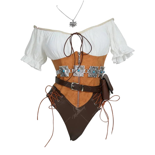 Women's Faux Leather Bodysuit Set with Waist Belt, Gloves and Utility Accessories