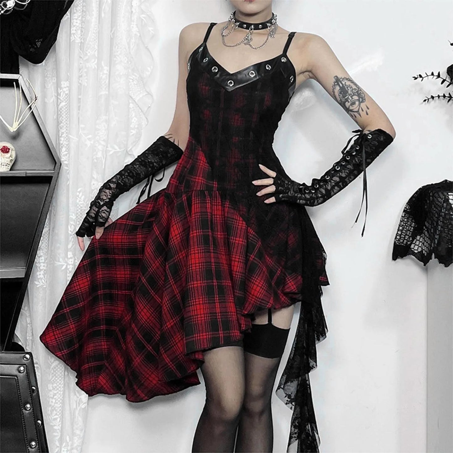 Plaid Corset Gothic Dress with Punk Alternative Streetwear Style