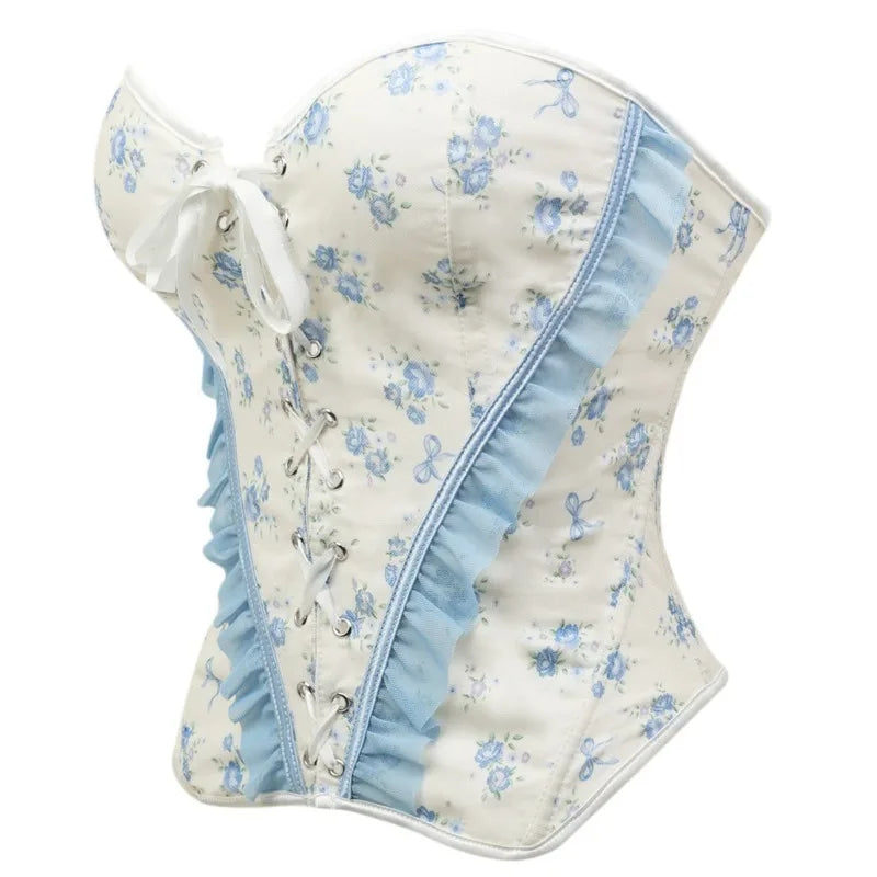 Blue and White Floral Strapless Corset with Ruffled Edging and Front Lace-Up