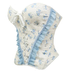 Blue and White Floral Strapless Corset with Ruffled Edging and Front Lace-Up