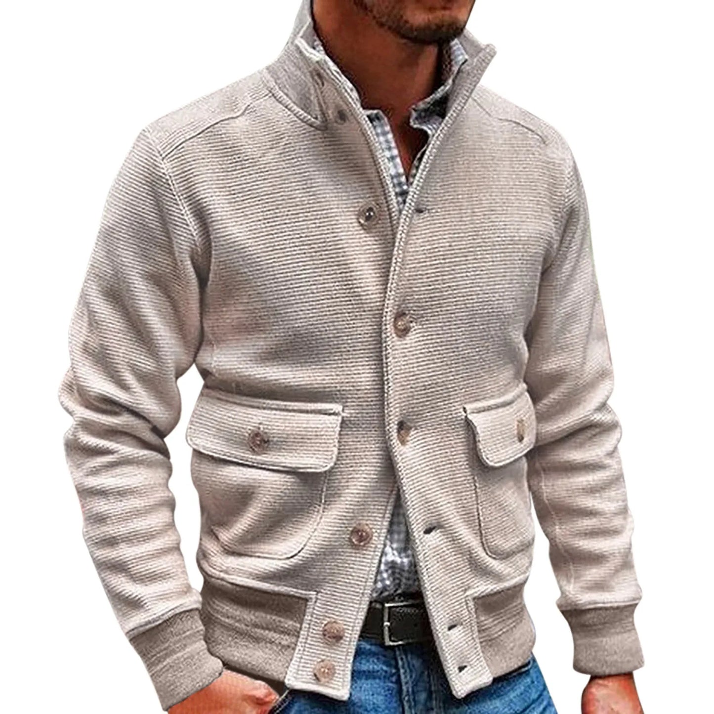 Men's Knit Button Front Cardigan Jacket with Utility Pockets for Contemporary Casual Streetwear