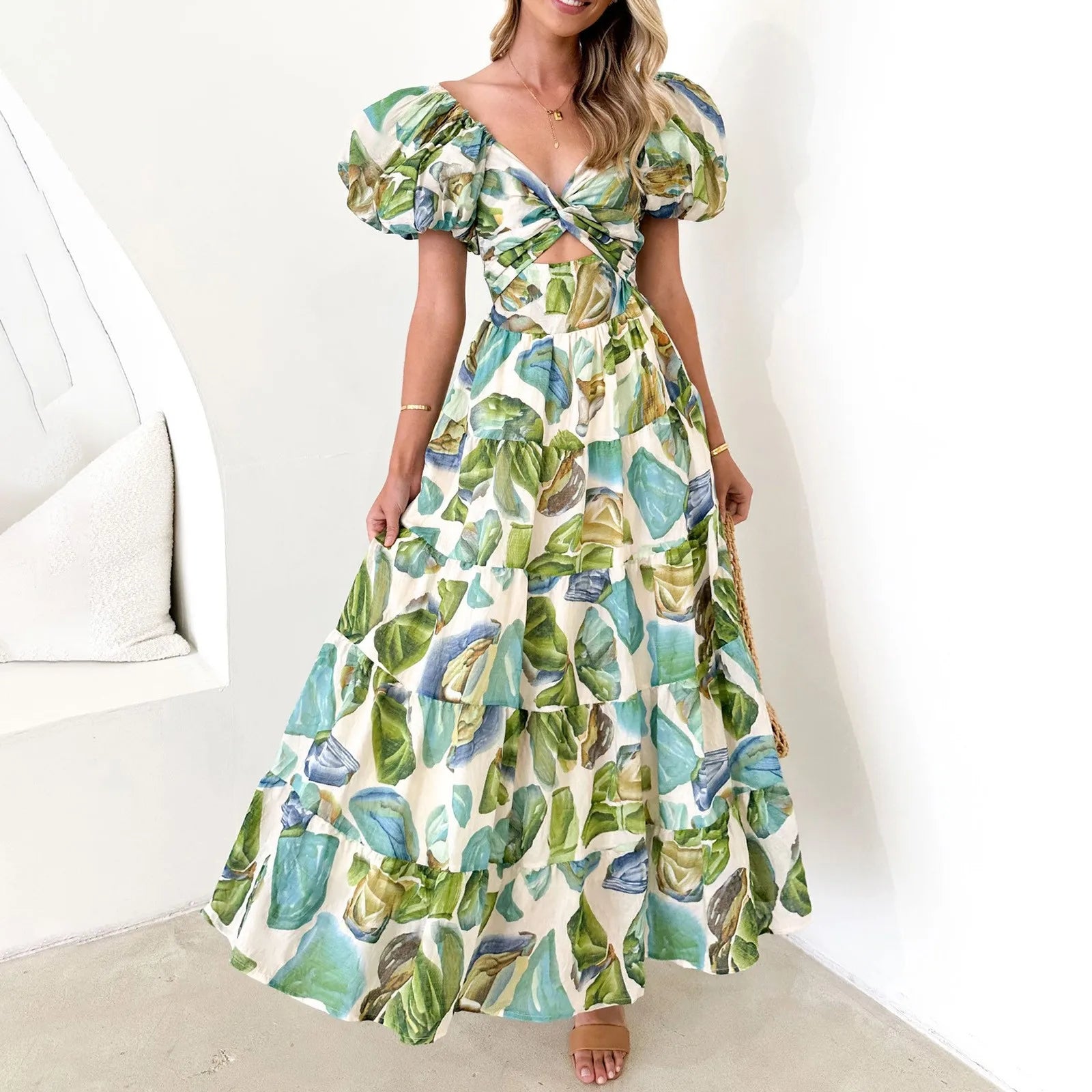 Floral Print Maxi Dress with Puff Sleeves and Waist Cutout Detail