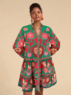 Bohemian Floral Print Lantern Sleeve Smock Mini Dress With Relaxed A-Line Silhouette