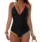 Color-Contrast Deep V-Neck One-Piece Swimsuit with Open Back, Racerback Straps and Sporty Monokini Silhouette