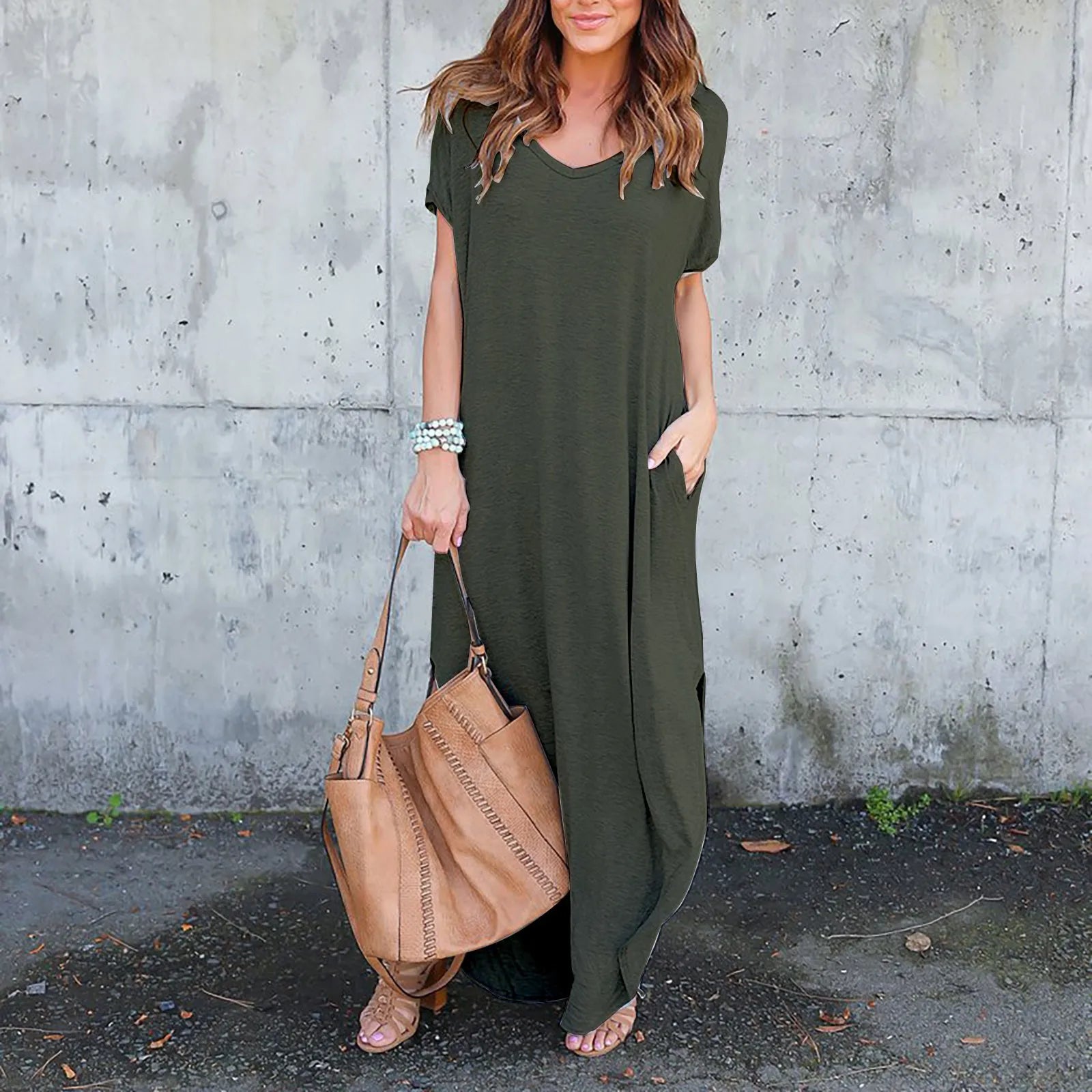 Oversized Short Sleeve Maxi Dress with Side Slit Relaxed Silhouette