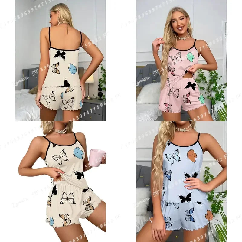 Playful Butterfly Print Camisole and Shorts Sleepwear Set with Contrast Binding