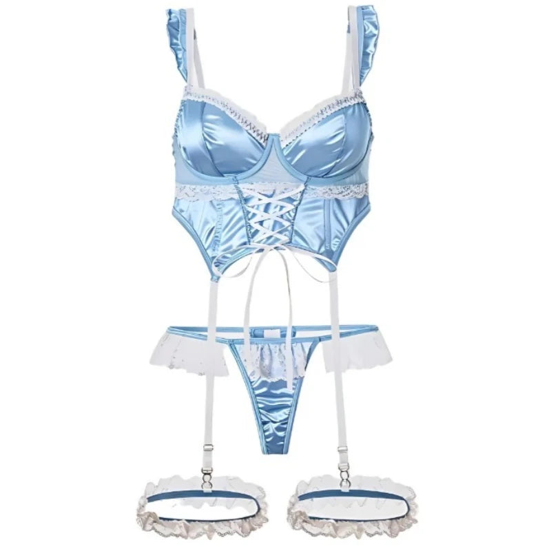 Light Blue Satin Longline Lingerie Set with Lace-Up Detailing and Ruffled Garters