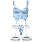 Light Blue Satin Longline Lingerie Set with Lace-Up Detailing and Ruffled Garters