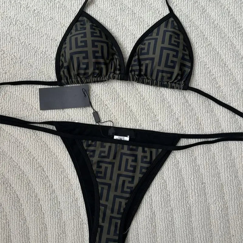 Geometric Pattern High-Waisted Bikini with Solid Navy Contrast Banding