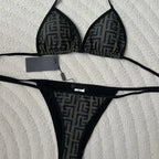 Geometric Pattern High-Waisted Bikini with Solid Navy Contrast Banding