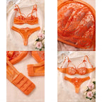 Vibrant Citrus Orange Floral Lace Push-Up Bra and Matching Thong Set
