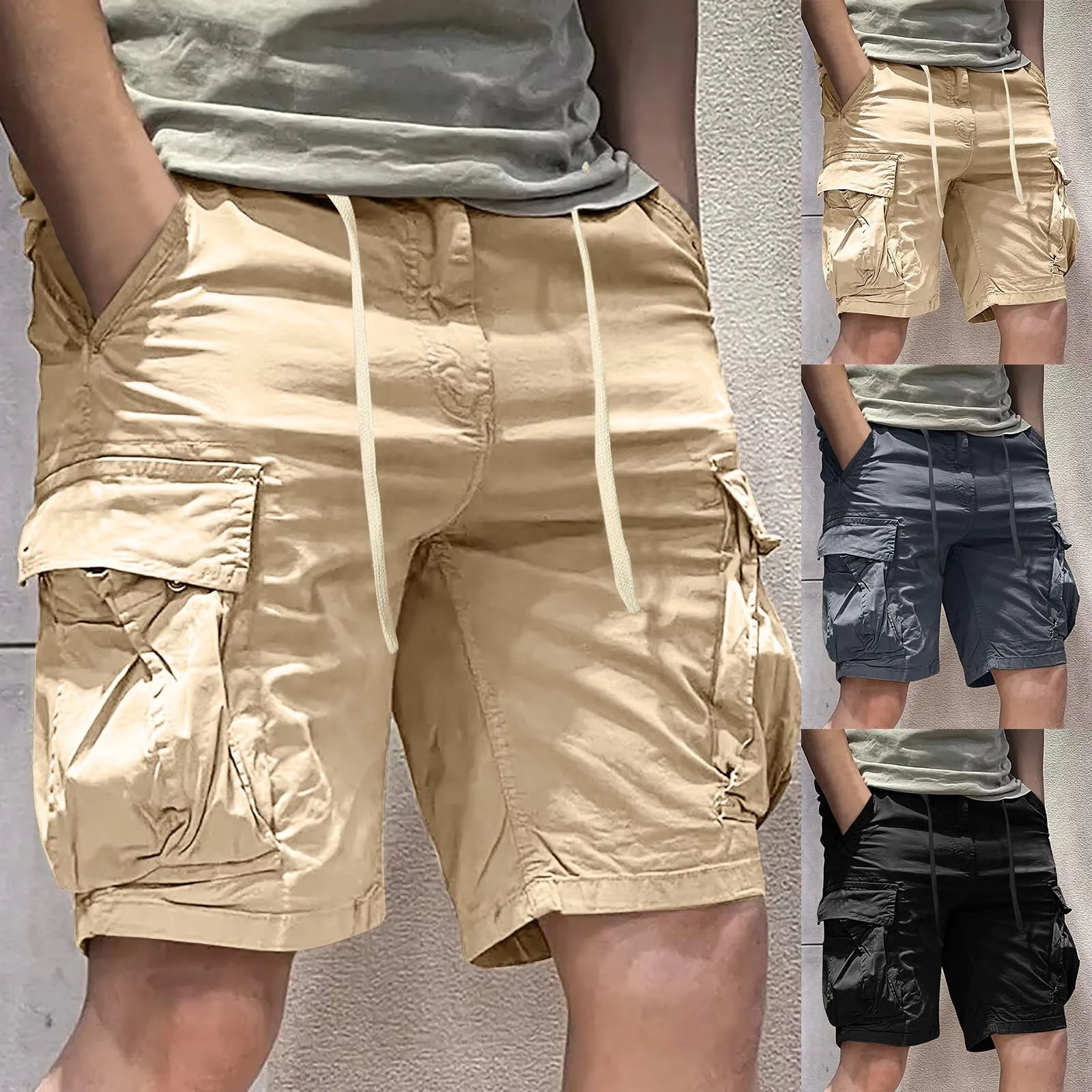 Men's Cotton Cargo Shorts with Utility Pockets and Relaxed Casual Streetwear Style