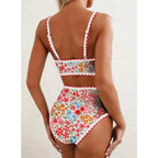 Women's Floral Print High-Waisted Bikini Set with Scoop Neckline, Whip-Stitch Detailing and Coordinated Two-Piece Swimwear
