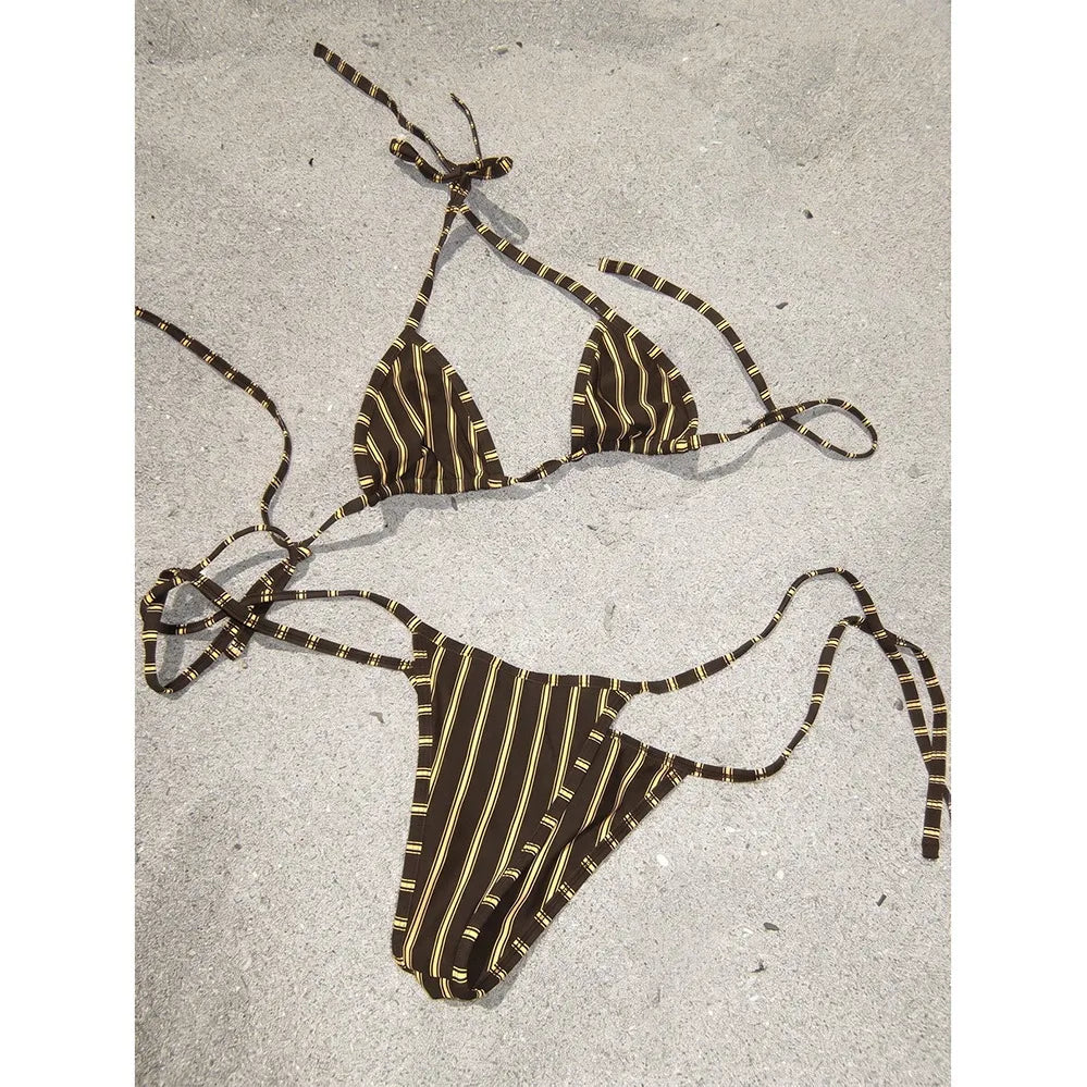 Crimson and Gold Vertical Striped Triangle String Bikini