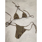 Crimson and Gold Vertical Striped Triangle String Bikini
