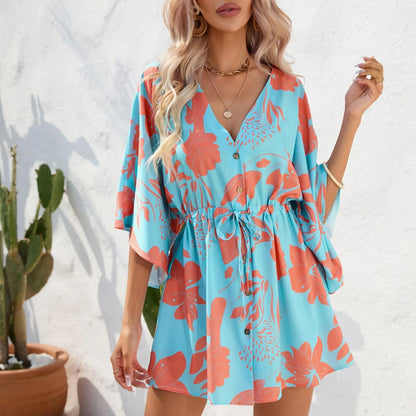 Flutter Sleeve Printed Mini Dress with Elastic Waist and Relaxed Fit