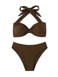 Solid Espresso Brown Halter Bandeau Bikini with Twisted Center Detail