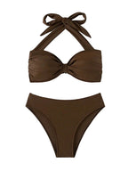 Solid Espresso Brown Halter Bandeau Bikini with Twisted Center Detail
