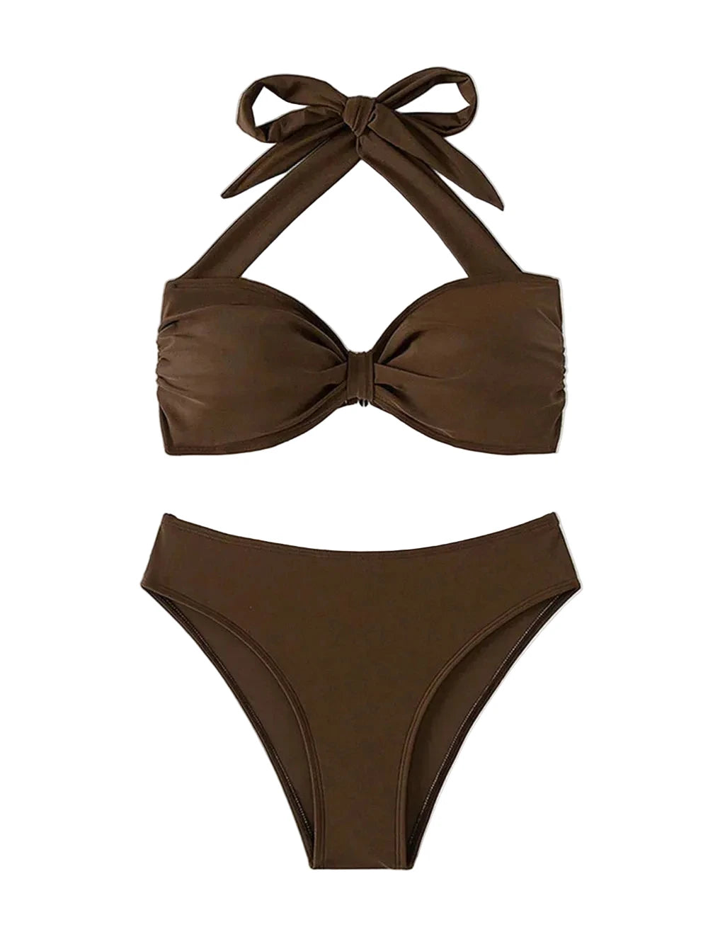 Solid Espresso Brown Halter Bandeau Bikini with Twisted Center Detail