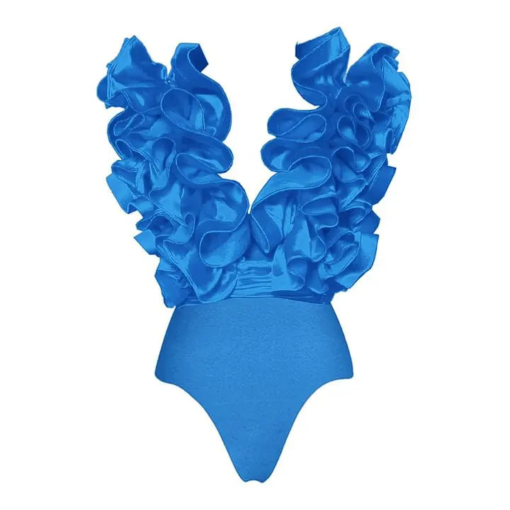 Crimson Red Plunge Swimwear Set with Dramatic 3D Floral Embellishments