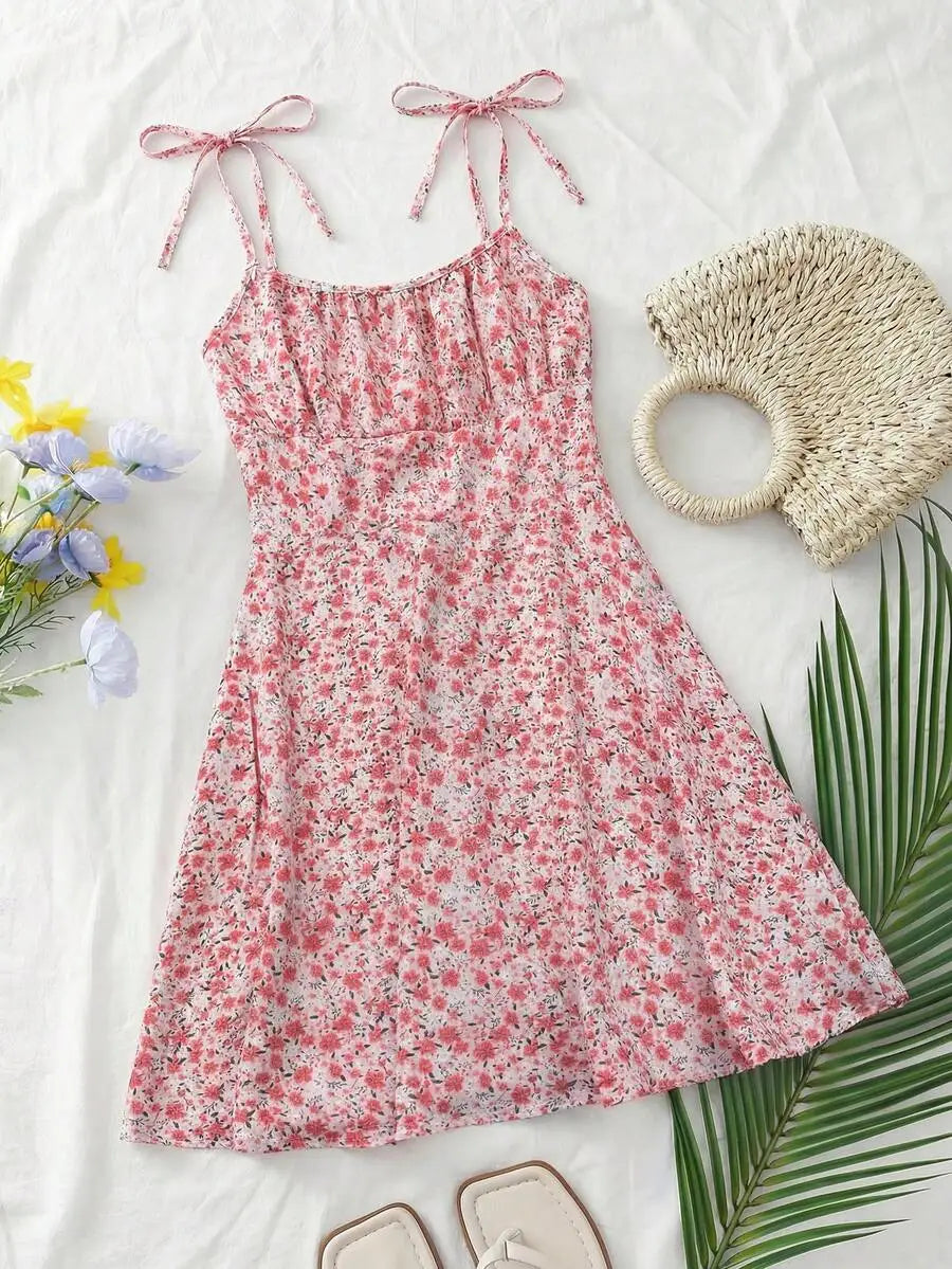 Floral Print Tie Strap A-Line Mini Dress with Lightweight Summer Silhouette