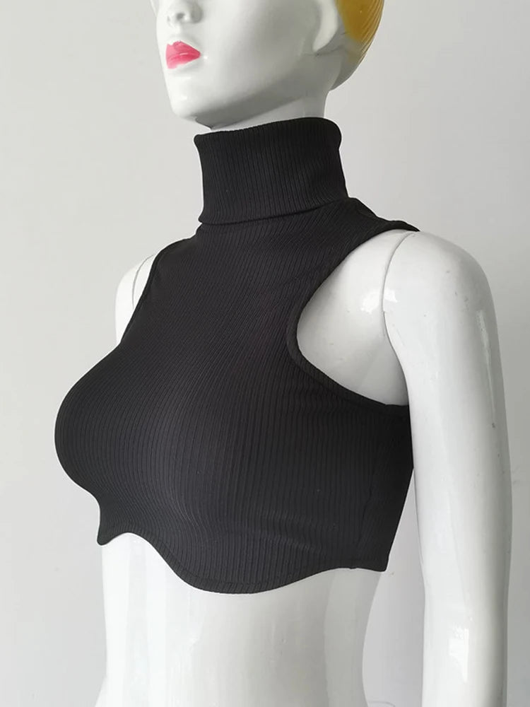 Ribbed Turtleneck Sleeveless Crop Top with Cutout Hem Slim Streetwear Fit