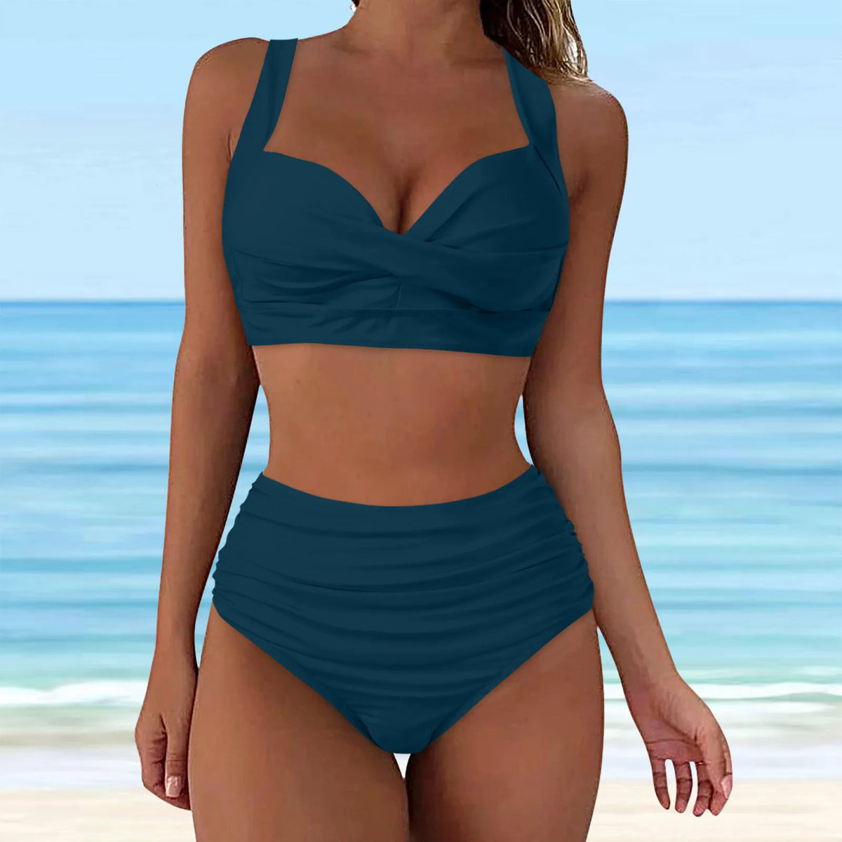 High-Waisted Blue Two-Piece Bikini Set with Structured Cup Detail and Feminine Frill Accent