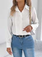 Elegant Emerald Green Long-Sleeve Blouse with Vertical Front Pleating
