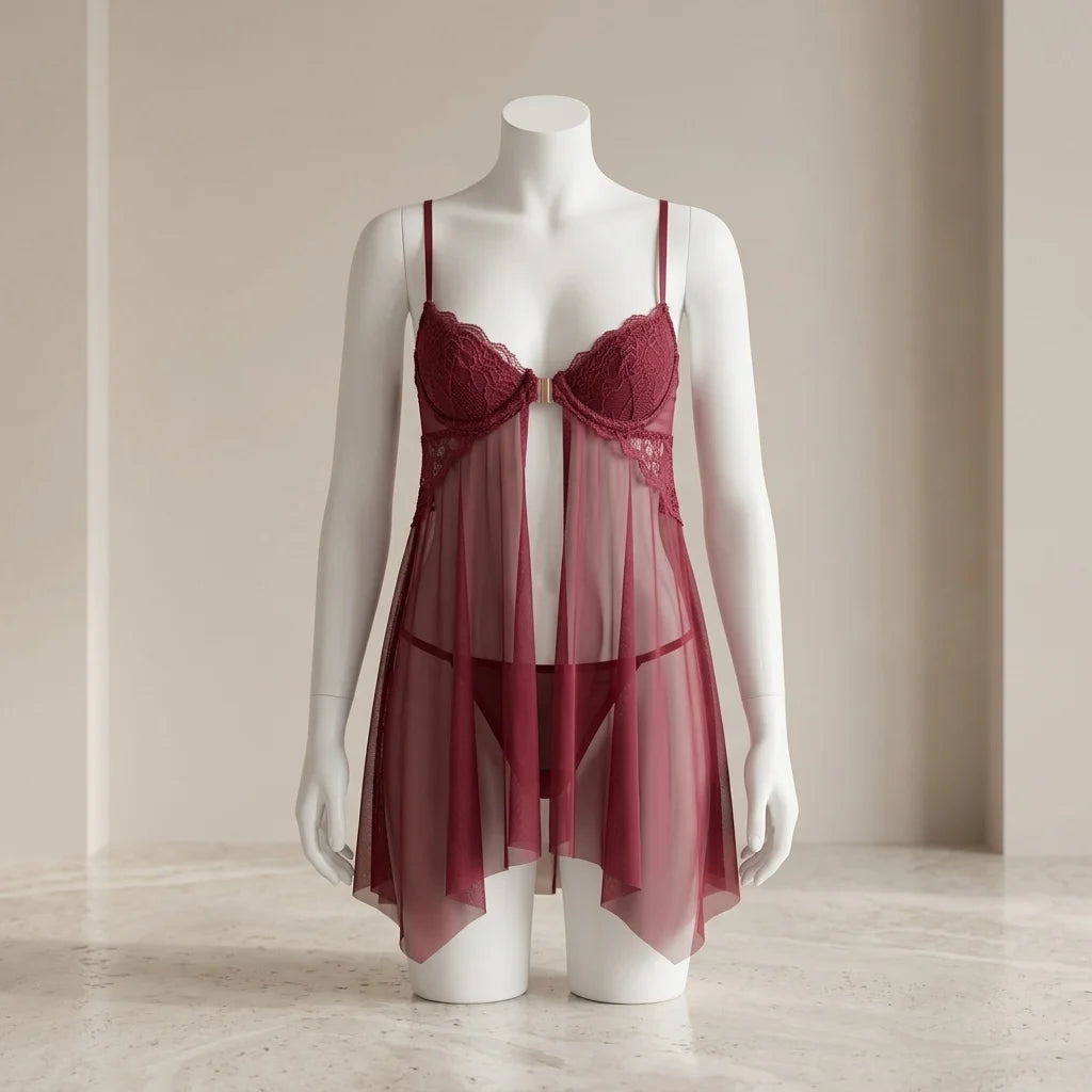 Classic Black Sheer Mesh Babydoll with Floral Lace Cups and Matching Panty