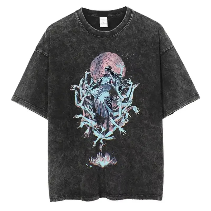 Vintage Washed Oversized Graphic Tee with Abstract Gothic-Inspired Art Illustration