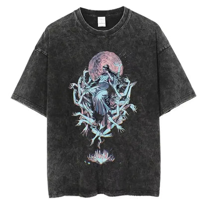 Vintage Washed Oversized Graphic Tee with Abstract Gothic-Inspired Art Illustration