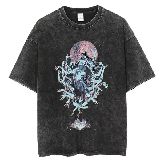 Vintage Washed Oversized Graphic Tee with Abstract Gothic-Inspired Art Illustration