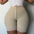 High-Waisted Structured Shaping Short with Front Hook Closure and Lace Hem