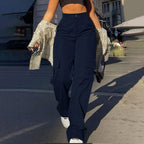 Women's High Waist Wide Leg Utility Trousers with Pocket Casual Streetwear Style