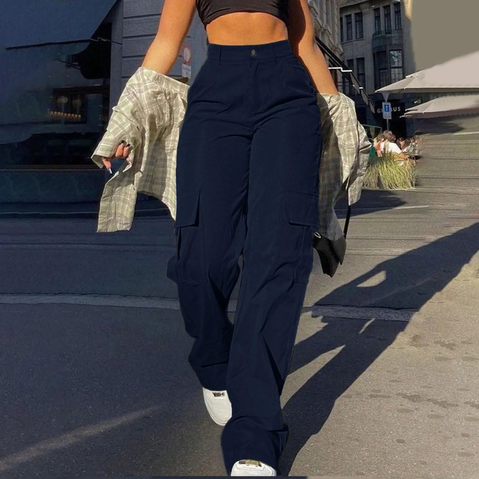 Women's High Waist Wide Leg Utility Trousers with Pocket Casual Streetwear Style