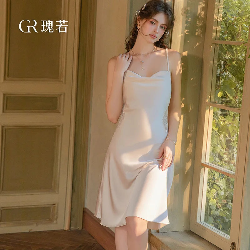 Sleek Black A-Line Slip Dress with Sheer Side Panel Details