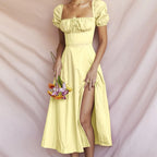 Off Shoulder Maxi Dress with Bubble Sleeves and Side Slit Detail