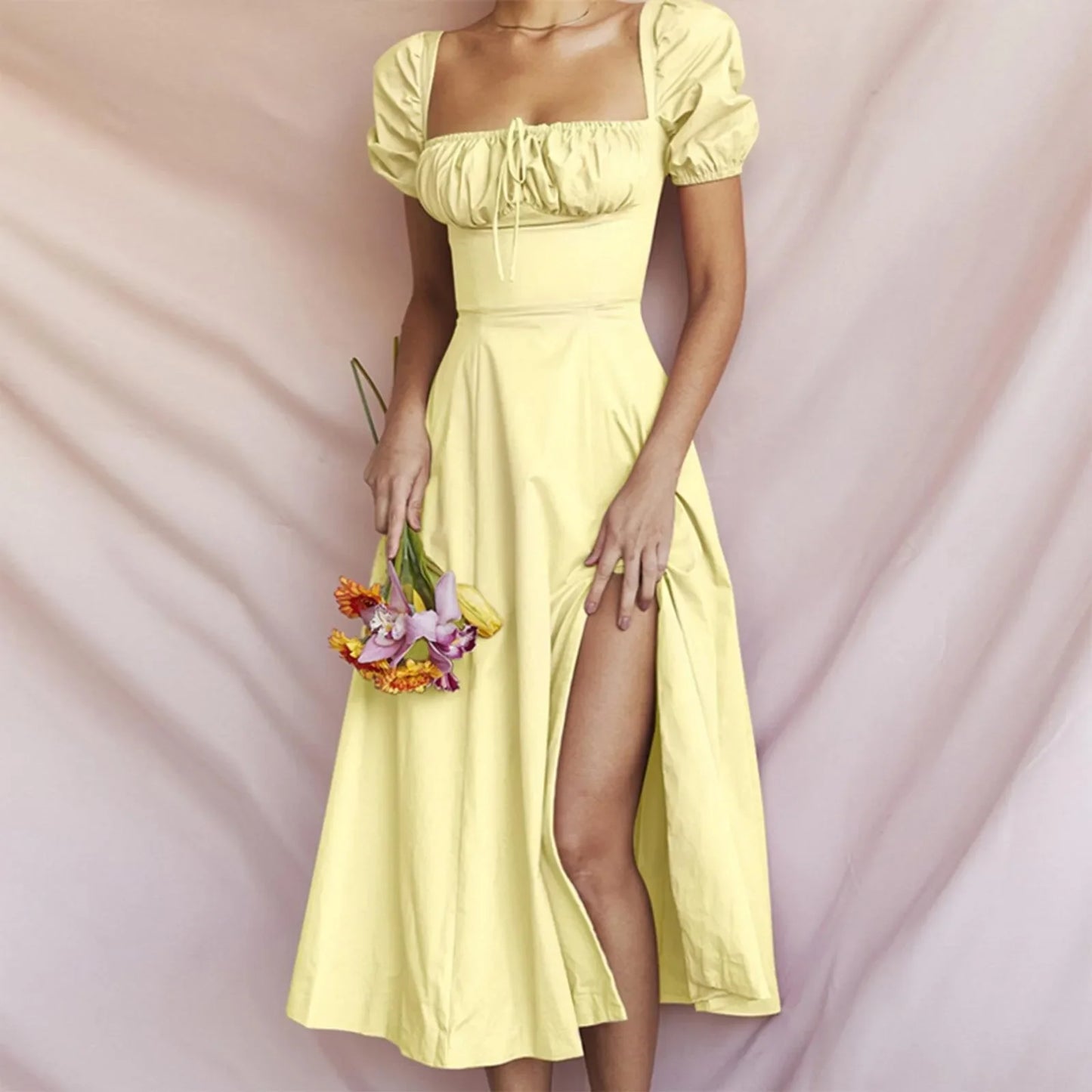 Off Shoulder Maxi Dress with Bubble Sleeves and Side Slit Detail