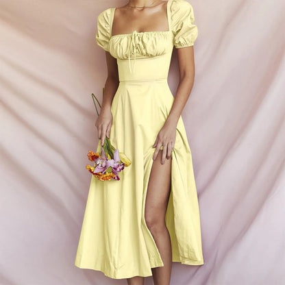 Off Shoulder Maxi Dress with Bubble Sleeves and Side Slit Detail